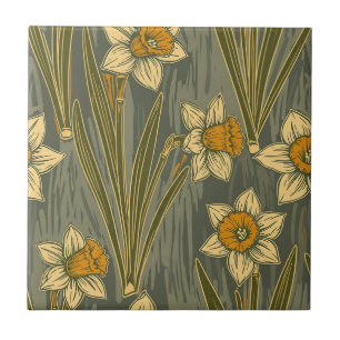 Minimalist White Yellow Daffodil Floral Pattern Ceramic Tile