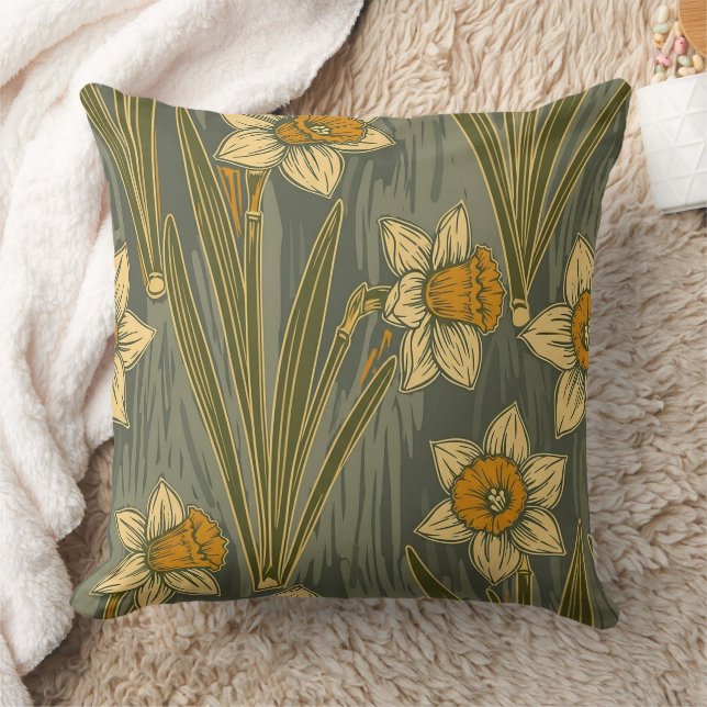 Minimalist White Yellow Daffodil Floral Pattern Cushion (Blanket)