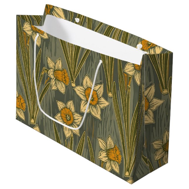 Minimalist White Yellow Daffodil Floral Pattern Large Gift Bag (Front Angled)