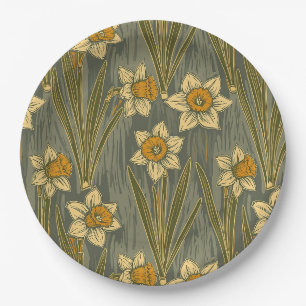 Minimalist White Yellow Daffodil Floral Pattern Paper Plate