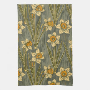 Minimalist White Yellow Daffodil Floral Pattern Tea Towel