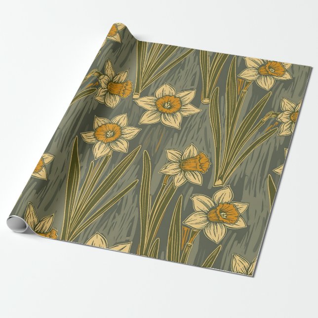 Minimalist White Yellow Daffodil Floral Pattern Wrapping Paper (Unrolled)