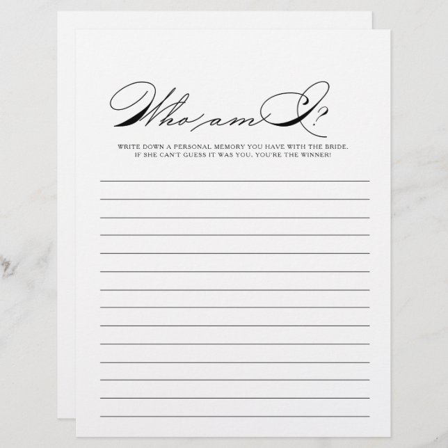 Minimalist Who Am I Bridal Shower Game (Front/Back)