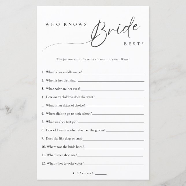 Minimalist Who Knows the Bride Best Shower Game (Front)