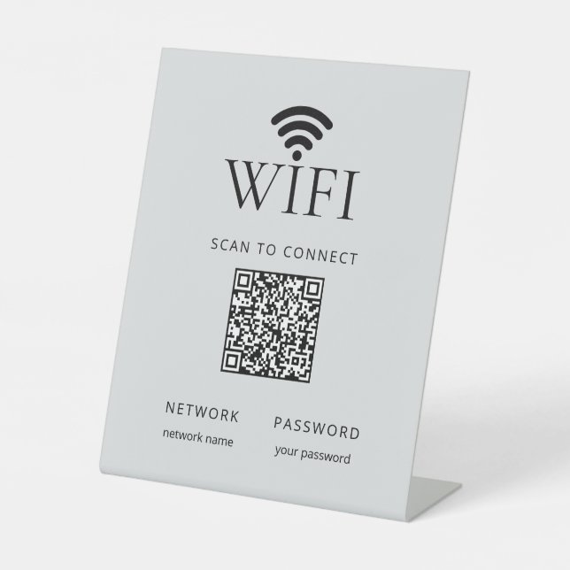 Minimalist WiFi Network Password QR Code Gray Pedestal Sign (Front)