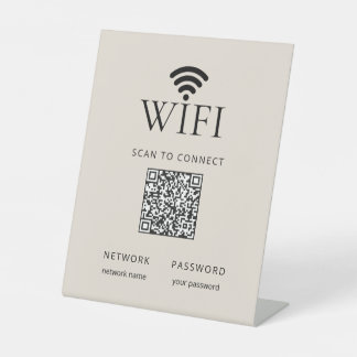 Minimalist WiFi Password Desk Sign QR Code Beige