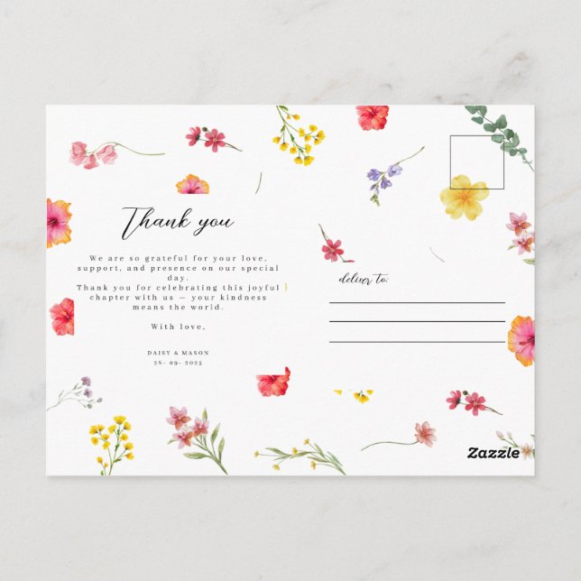 Minimalist Wildflower Botanical thank you Wedding Postcard (Back)