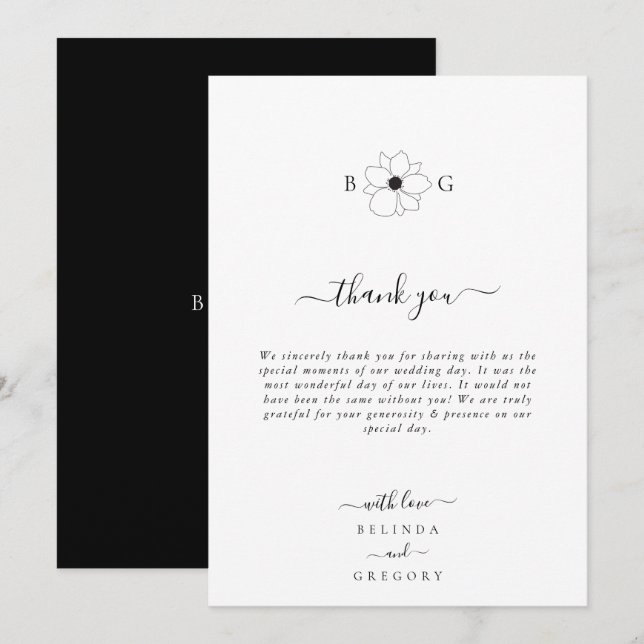 Minimalist Wildflower Hand-Drawn Monogram Wedding Thank You Card (Front/Back)