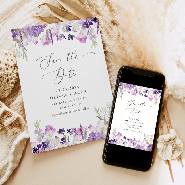 Minimalist wildflower lavender save the date card (Creator Uploaded)