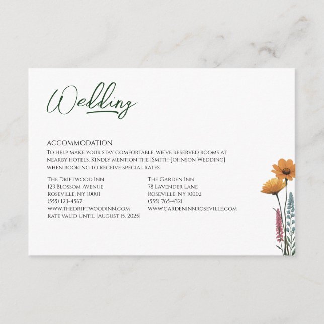 Minimalist Wildflower Micro Wedding Accommodation  Enclosure Card (Front)
