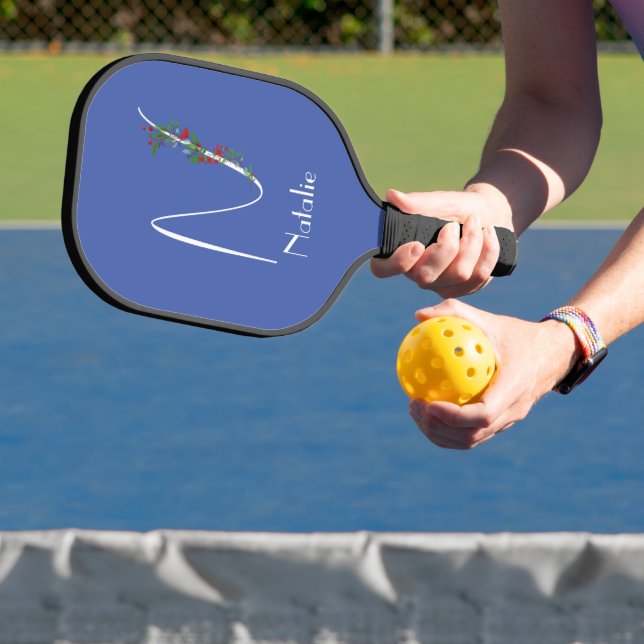 Minimalist wildflower monogram blue pickleball paddle (Insitu)