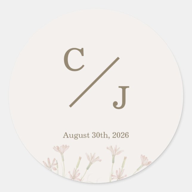 Minimalist Wildflower Monogram Wedding Envelope Classic Round Sticker (Front)