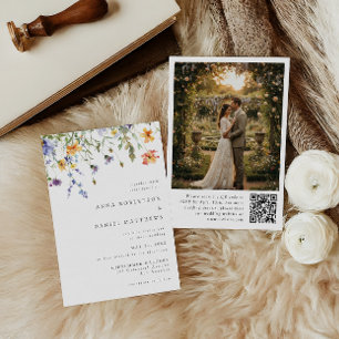 Minimalist Wildflower QR Code  Photo Wedding Invit Invitation