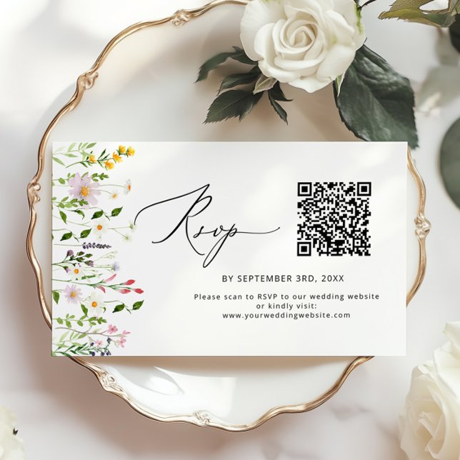 Minimalist Wildflower QR code wedding RSVP Enclosure Card (Creator Uploaded)