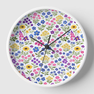 Minimalist Wildflower Seamless Pattern on White Clock