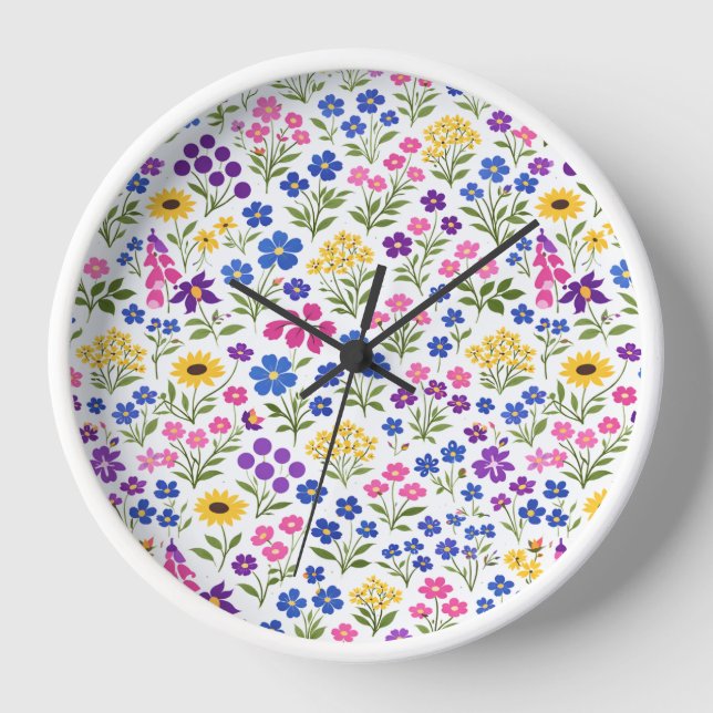 Minimalist Wildflower Seamless Pattern on White  Clock (Front)
