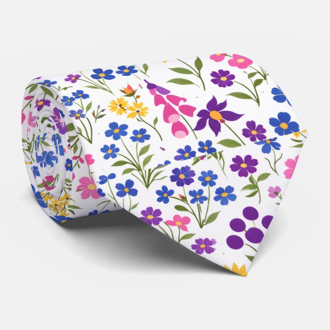 Minimalist Wildflower Seamless Pattern on White  Tie (Rolled)