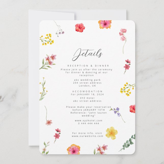 Minimalist Wildflower Spring enclosure Wedding  Invitation (Back)