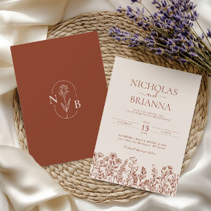 Minimalist Wildflower Terracotta Wedding Monogram Invitation