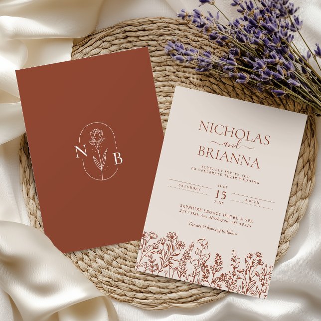 Minimalist Wildflower Terracotta Wedding Monogram Invitation (Creator Uploaded)
