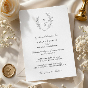 Minimalist Wildflower Wreath Boho Monogram Wedding Invitation