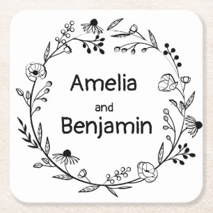 minimalist Wildflower Wreath Folk Rustic Wedding Square Paper Coaster