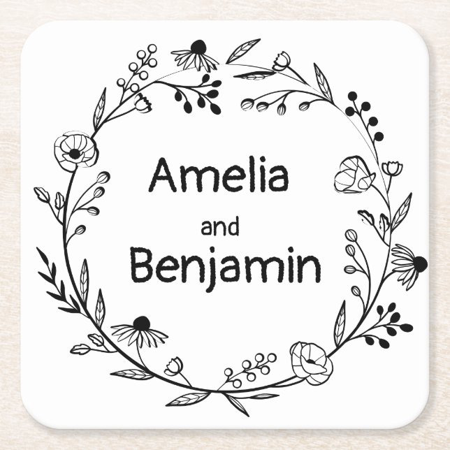 minimalist Wildflower Wreath Folk Rustic Wedding  Square Paper Coaster (Front)