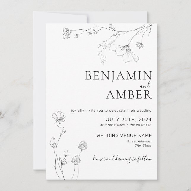 Minimalist Wildflowers Line Art Boho Wedding Invitation (Front)