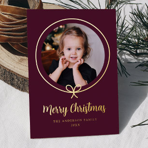 Minimalist Wine and Bow Ribbon Photo Foil Holiday Card