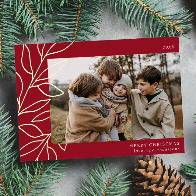 Minimalist Winter Botanical Red Photo Foil Holiday Card (Creator Uploaded)
