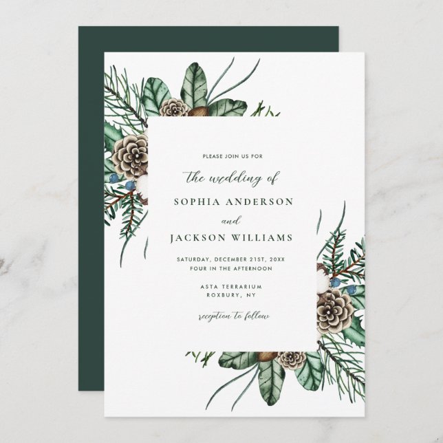 Minimalist Winter Greenery Wedding Invitation (Front/Back)