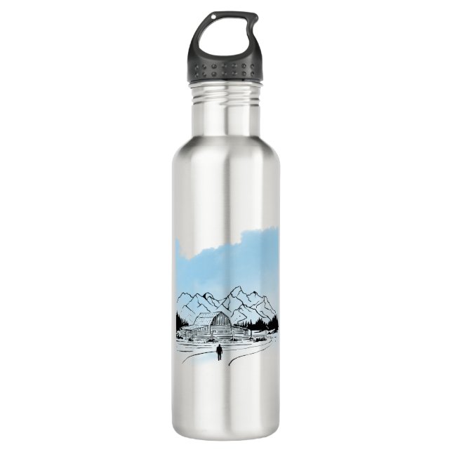 Minimalist Winter Mountain Adventure Water Bottle (Front)
