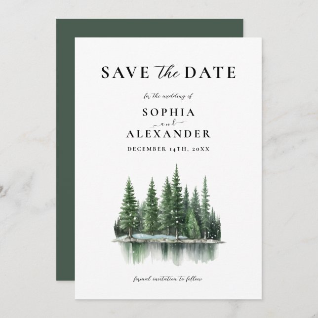 Minimalist Winter Pine Forest Save the Date Invitation (Front/Back)
