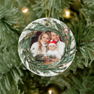 Minimalist Winter Pine Wreath Photo Ceramic Ornament
