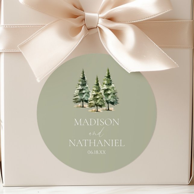 Minimalist Winter Snowy Pine Tree Forest Wedding Classic Round Sticker (Creator Uploaded)