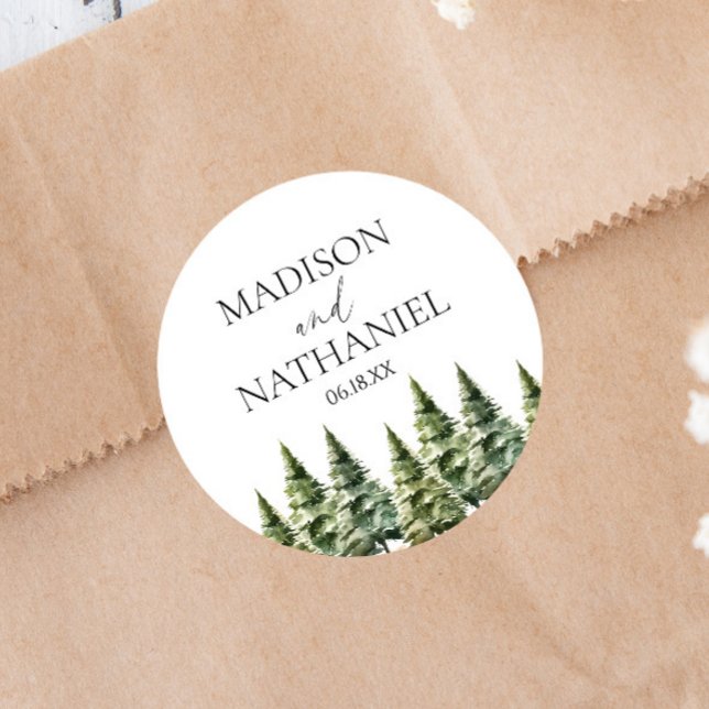 Minimalist Winter Snowy Pine Tree Forest Wedding Classic Round Sticker (Creator Uploaded)