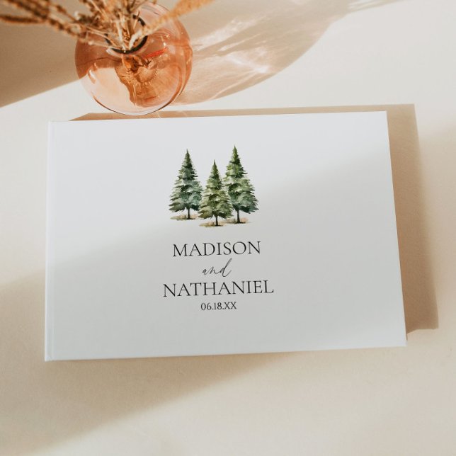 Minimalist Winter Snowy Pine Tree Forest Wedding Guest Book (Creator Uploaded)
