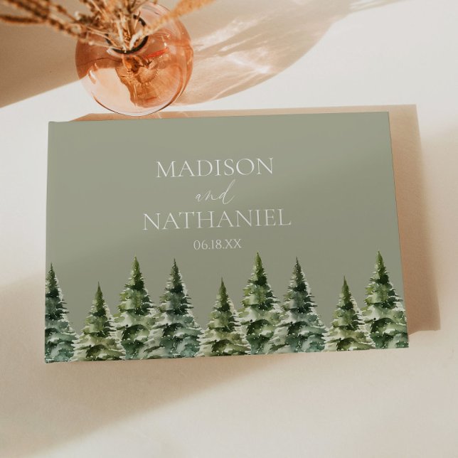 Minimalist Winter Snowy Pine Tree Forest Wedding Guest Book (Creator Uploaded)