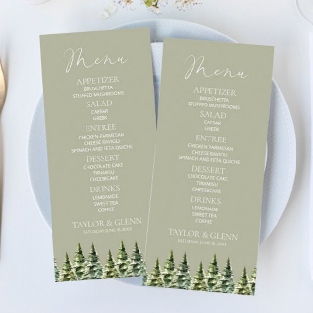 Minimalist Winter Snowy Pine Tree Forest Wedding Menu (Creator Uploaded)
