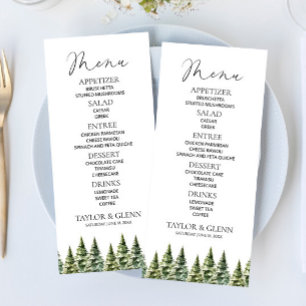Minimalist Winter Snowy Pine Tree Forest Wedding Menu