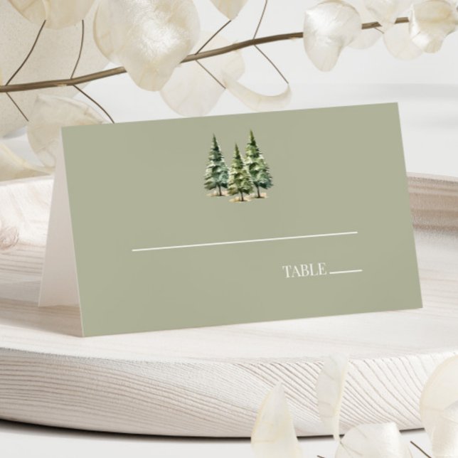 Minimalist Winter Snowy Pine Tree Forest Wedding Place Card (Creator Uploaded)