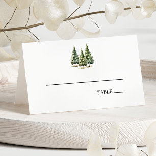 Minimalist Winter Snowy Pine Tree Forest Wedding Place Card