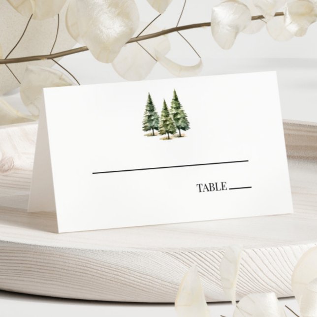 Minimalist Winter Snowy Pine Tree Forest Wedding Place Card (Creator Uploaded)