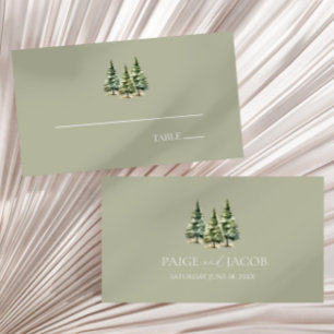 Minimalist Winter Snowy Pine Tree Forest Wedding Place Card