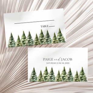 Minimalist Winter Snowy Pine Tree Forest Wedding Place Card