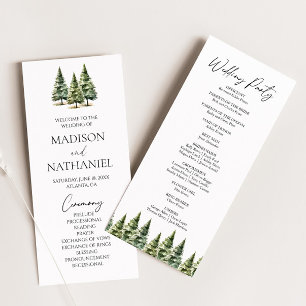 Minimalist Winter Snowy Pine Tree Forest Wedding Program