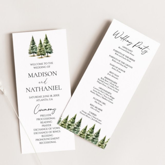 Minimalist Winter Snowy Pine Tree Forest Wedding Program (Creator Uploaded)