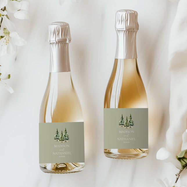 Minimalist Winter Snowy Pine Tree Forest Wedding Sparkling Wine Label (Creator Uploaded)