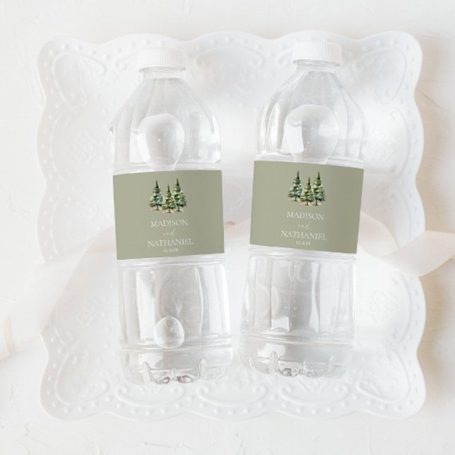 Minimalist Winter Snowy Pine Tree Forest Wedding Water Bottle Label (Creator Uploaded)