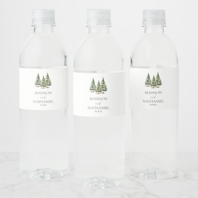 Minimalist Winter Snowy Pine Tree Forest Wedding Water Bottle Label (Bottles)